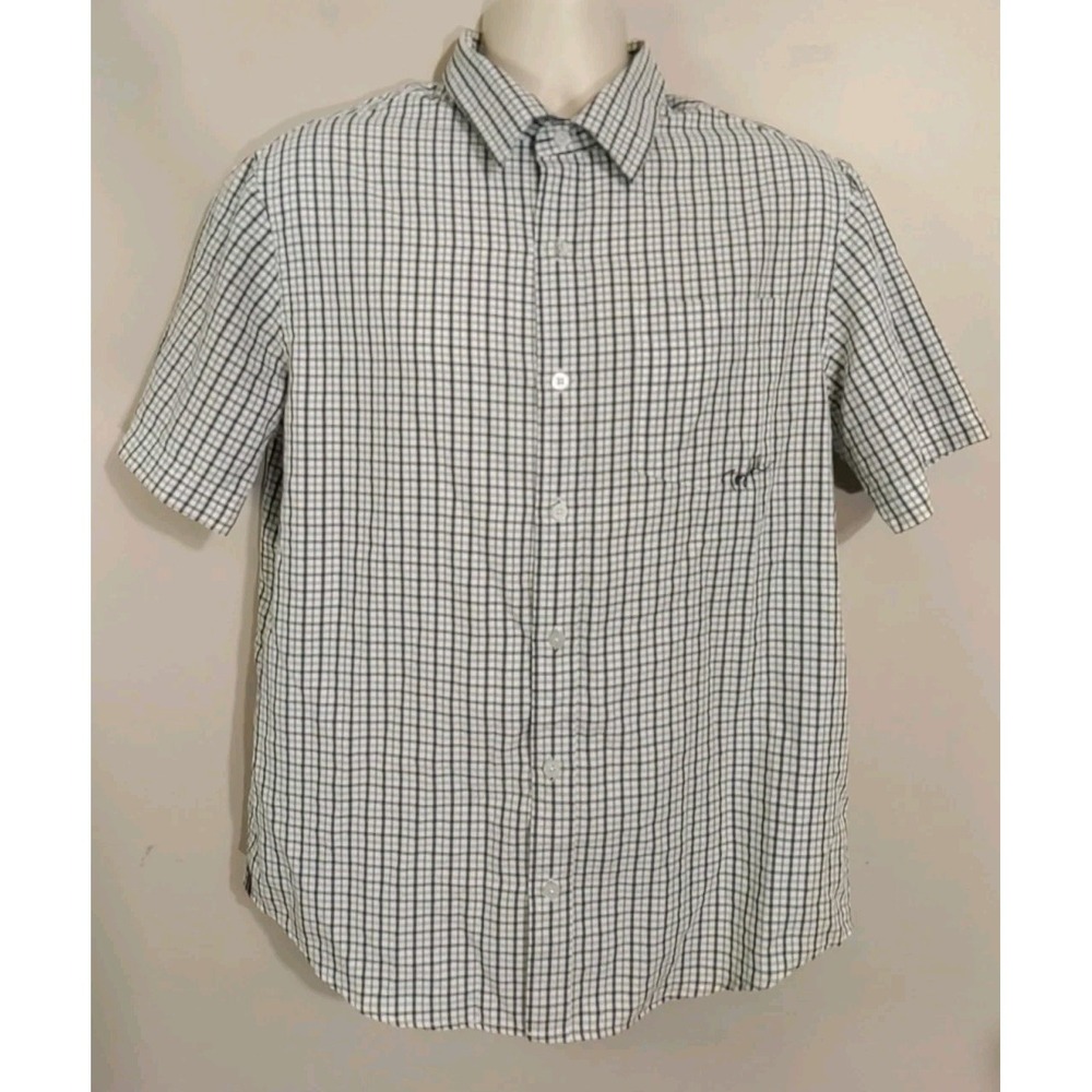Hawk Men Black Grey Check Embroidery Collared Short sleeve Shirt‎ Size M